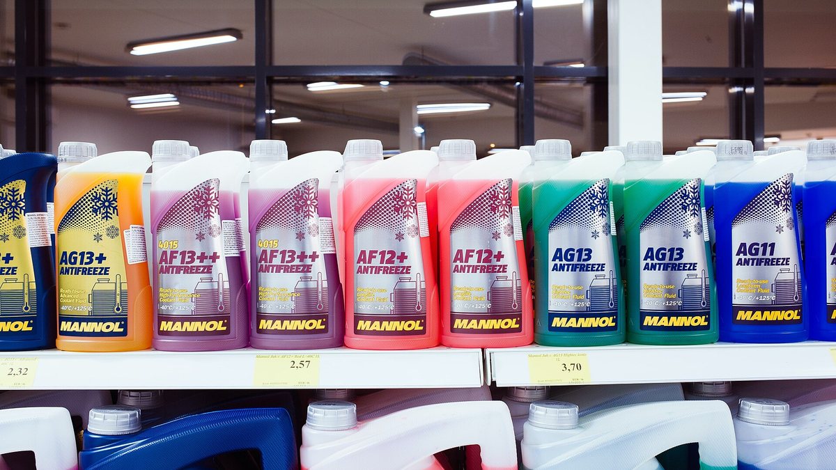Канистры антифриза разных классов и цветов на полке магазина автотоваров